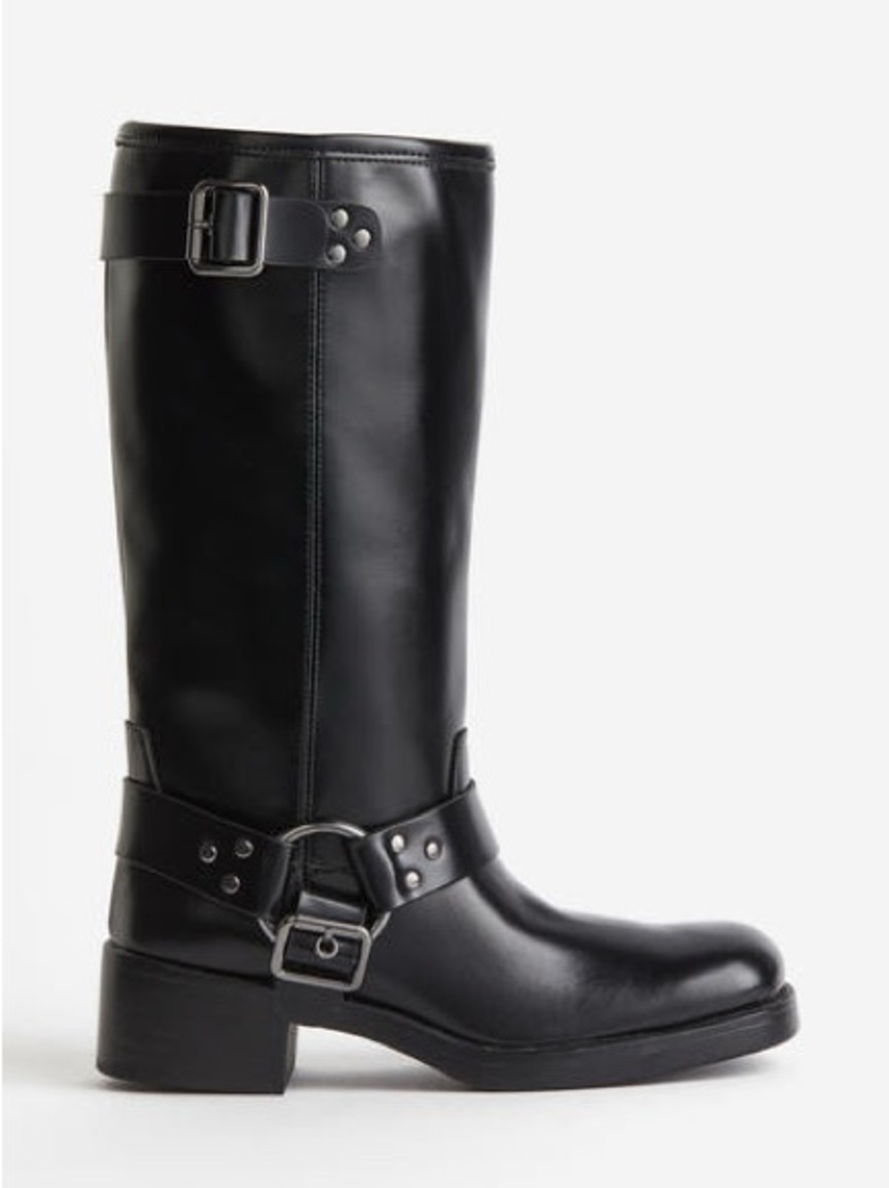 H&M Classic Black Leather Knee-High Biking Boots